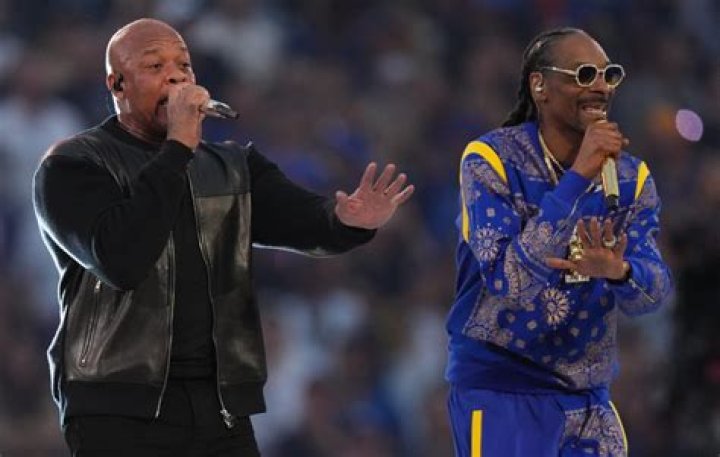 Dr. Dre (L) and Snoop Dogg (R) perform during the halftime show of Super Bowl LVI at SoFi Stadium in Inglewood, California, USA, 13 February 2022. The annual Super Bowl is the Championship game of the NFL between the AFC Champion and the NFC Champion and has been held every year since January of 1967. Los Angeles Rams at Cincinnati Bengals, Inglewood, USA - 13 Feb 2022