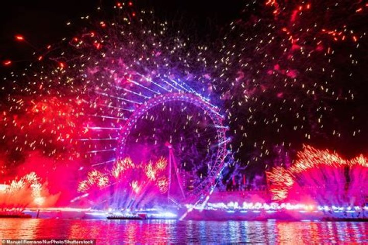 Fireworks explode around the London Eye during New Year's celebrations in central London to celebrate the New Year on January 1, 2023 in London, England. London's New Years' Eve firework display returned this year after it was cancelled during the Covid Pandemic. New Year's Eve Fireworks In London, United Kingdom - 01 Jan 2023